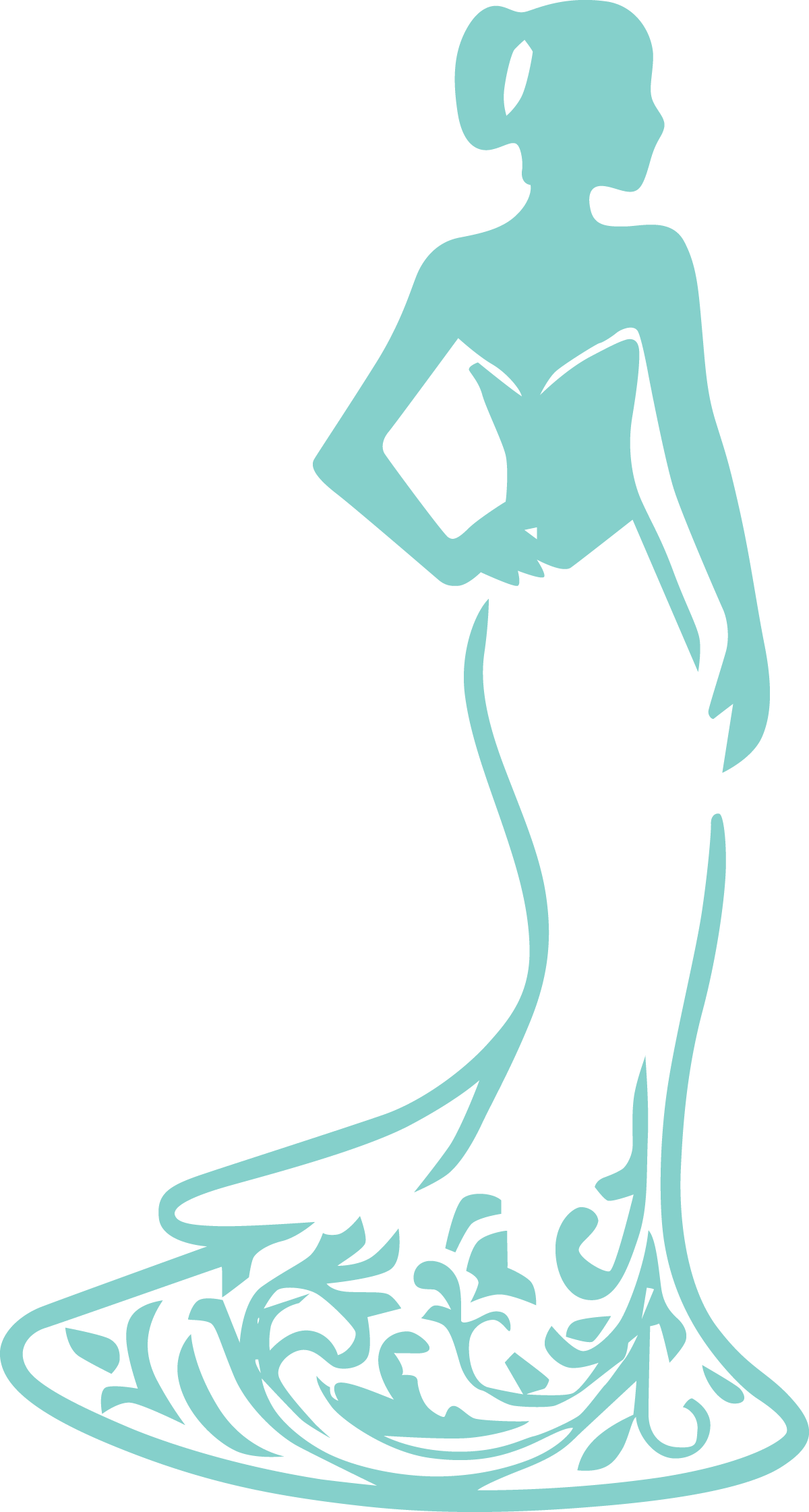 Stylized illustration of a woman in a long dress with a flowing train, standing with one hand on her hip.