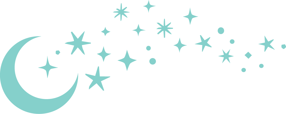 Light blue crescent moon with stars and sparkles around it on a black background.