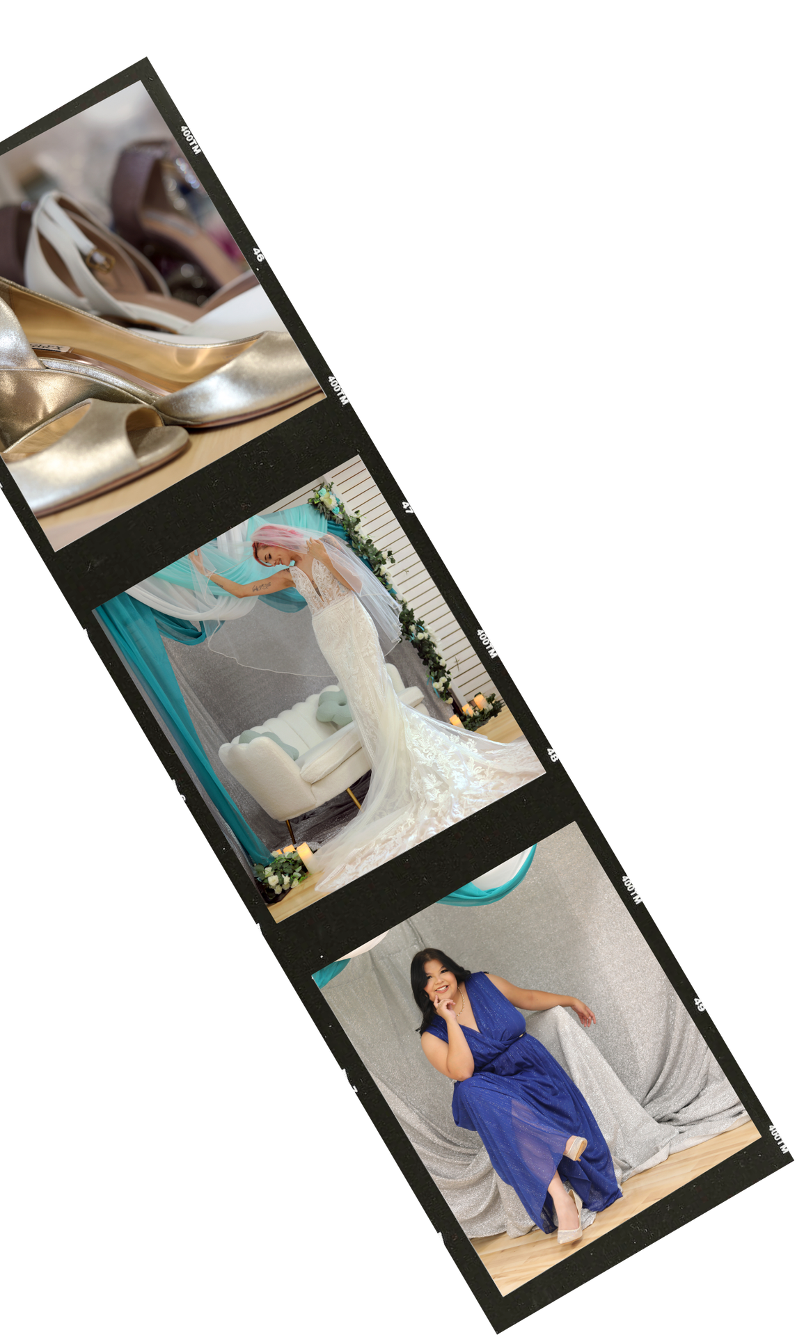A strip of three photos showing wedding attire and preparations: gold high heels, a bride in a wedding gown, and a woman in a blue dress smiling.