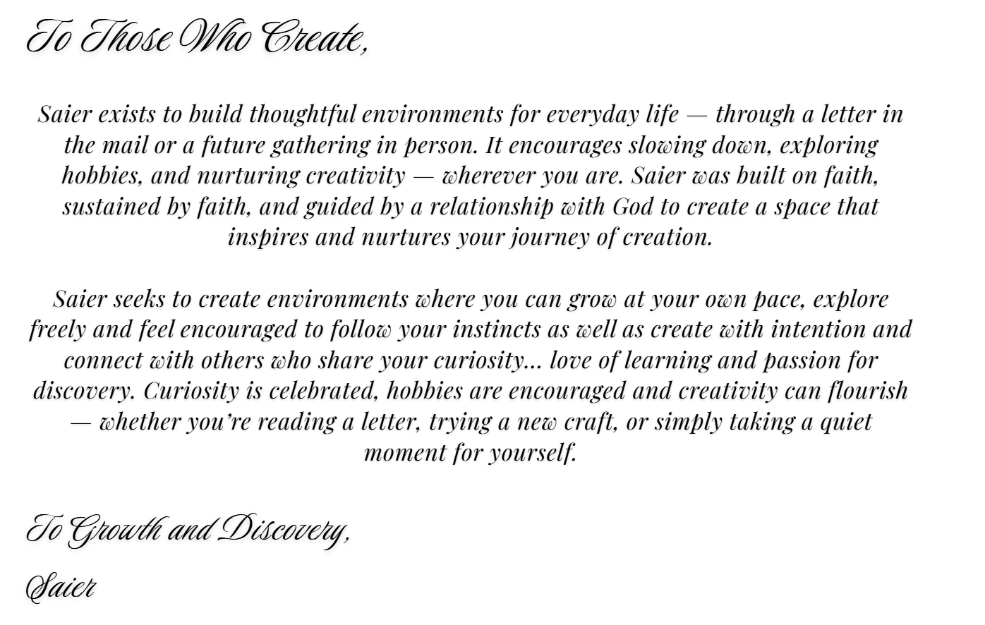A letter written in cursive font on a white background, addressing creators and growth, mentioning faith, creativity, curiosity, and discovery.