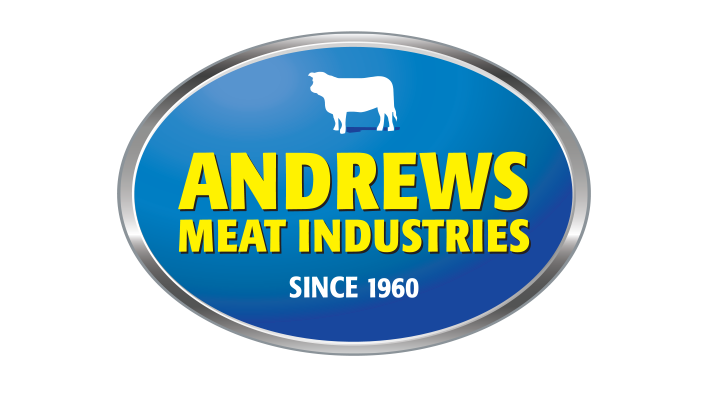 logo for Andrews Meat Industries featuring a cow silhouette, with bold yellow and blue text reading "ANDREWS MEAT INDUSTRIES" and "Since 1960" on a blue background with a silver border.