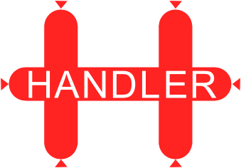 Red sign with white text that says 'HANDLER' and arrow shapes on the sides.