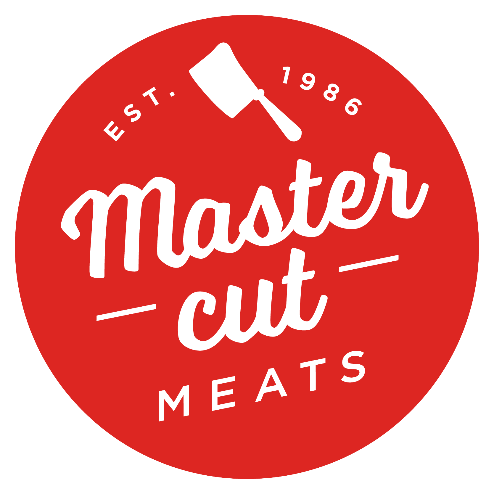Red circular logo with white text that reads 'Master Cut Meats,' established in 1986, and a white meat cleaver icon at the top.