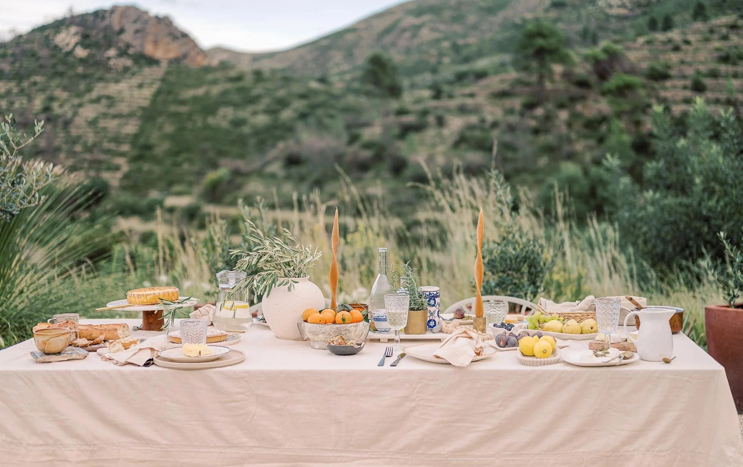 Outdoor dining table set with food and decorations against a scenic hilly landscape.