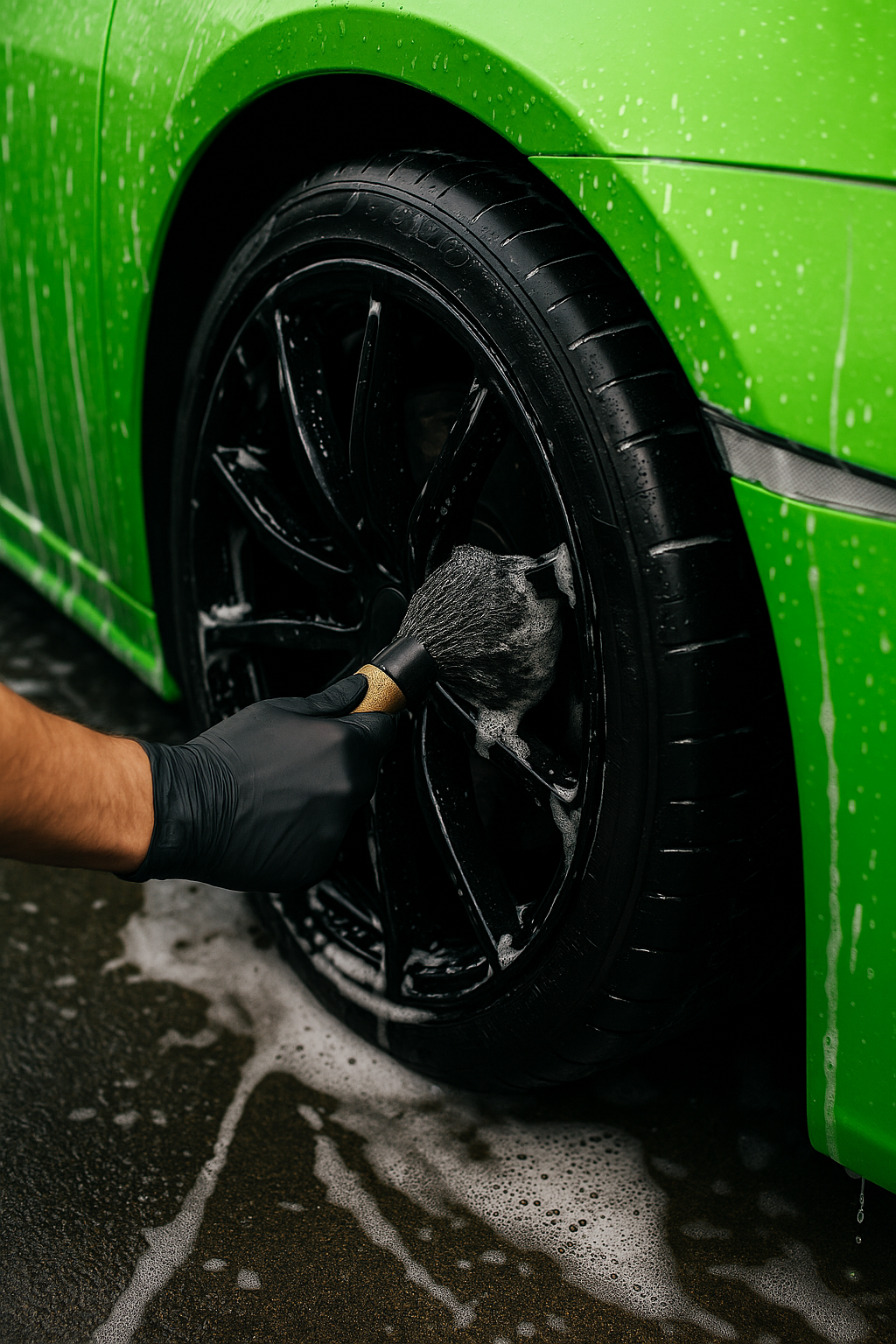 A person wearing a black glove is washing the black alloy wheel and tire of a bright green car with soap and water, with soap suds and foam visible on the tire and wheel.