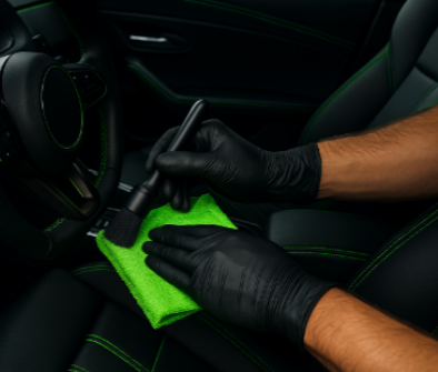 Person cleaning car interior with a green cloth, wearing black gloves.