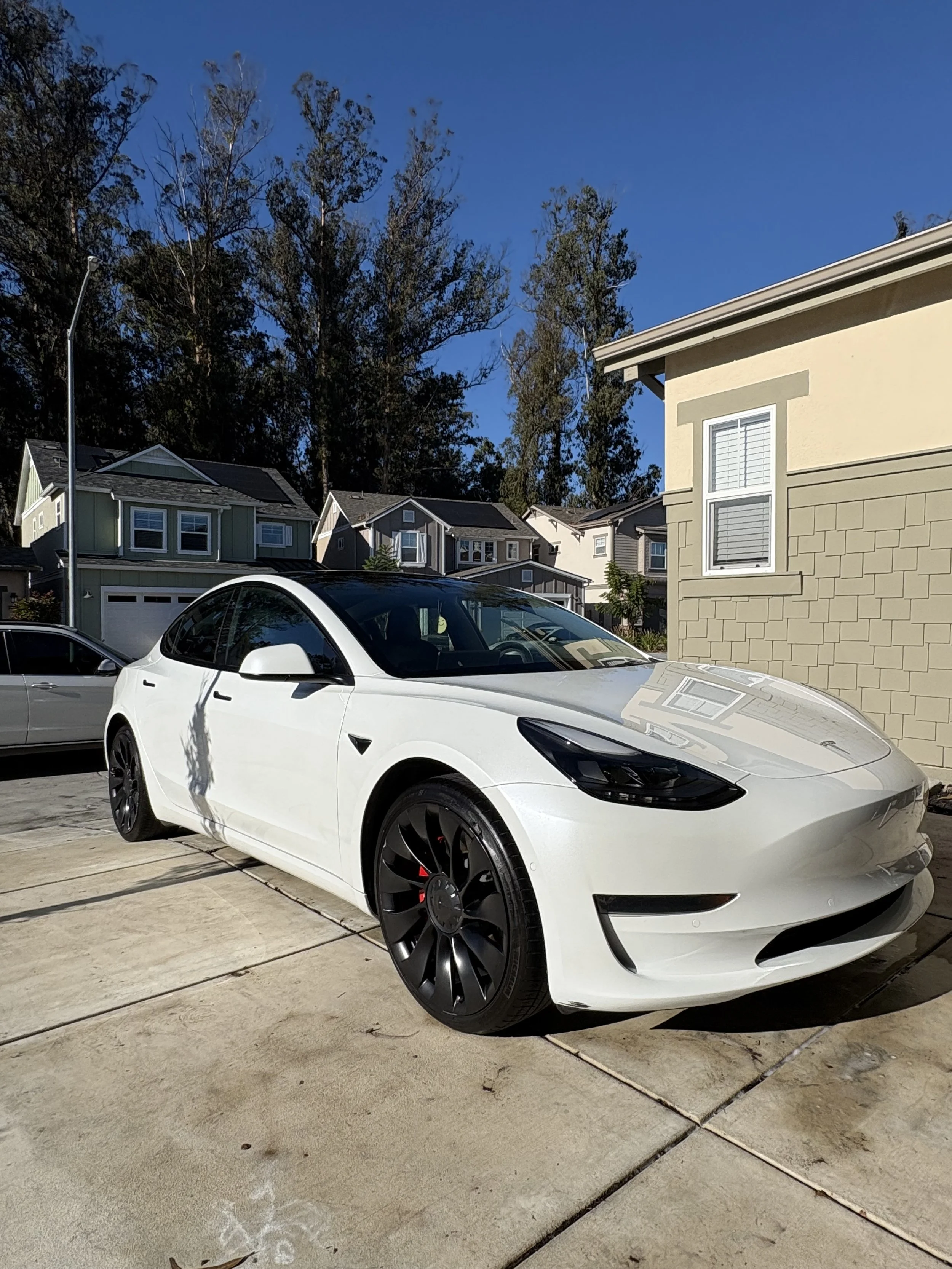 White Tesla Model 3 parked on a driveway in San Luis Obispo, CA, freshly detailed by Fastlane Detailing under a clear blue sky
