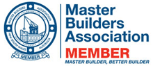 Logo of the Master Builders Association featuring a house and a gear, with the words 'Master Builders Association Member'.