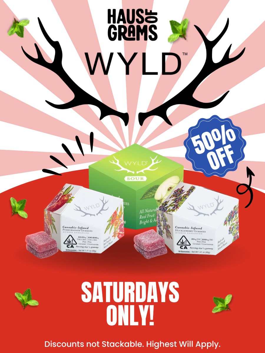 Promotional flyer for WYLD cannabis-infused gummies, offering 50% off on Saturdays, featuring boxes of gummies, a green sour flavor, and fruity flavors, with a large antler graphic, mint leaves, and a bold red background.