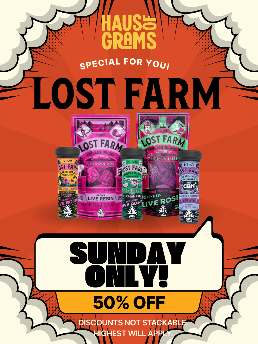 A promotional advertisement for Lost Farm cannabis products, featuring cannabis-infused gummies and live resin. The background is orange with comic book style clouds, and there are various product packages displayed in the center. The ad highlights a Sunday-only 50% off discount, with a disclaimer that discounts are not stackable and the highest discount applies.