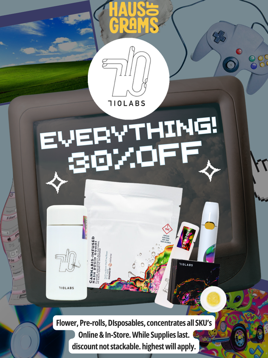 Digital advertisement with a retro TV screen displaying the message 'EVERYTHING 80% OFF.' Items shown include cannabis-related products from 710 Labs, such as pre-rolls and concentrates, along with a video game controller, a laptop with a Windows desktop background, and miscellaneous colorful objects. Text at the bottom mentions discounts on SKU's, available online and in-store, while supplies last.