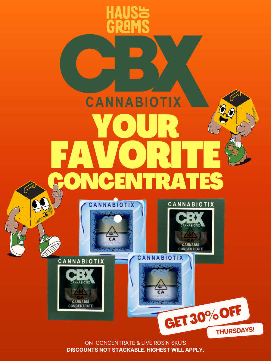 Advertisement for Haus of Grams CBX Cannabiotix cannabis concentrates featuring cartoon characters with cannabis concentrate containers and a promotional offer of 30% off on Thursdays.