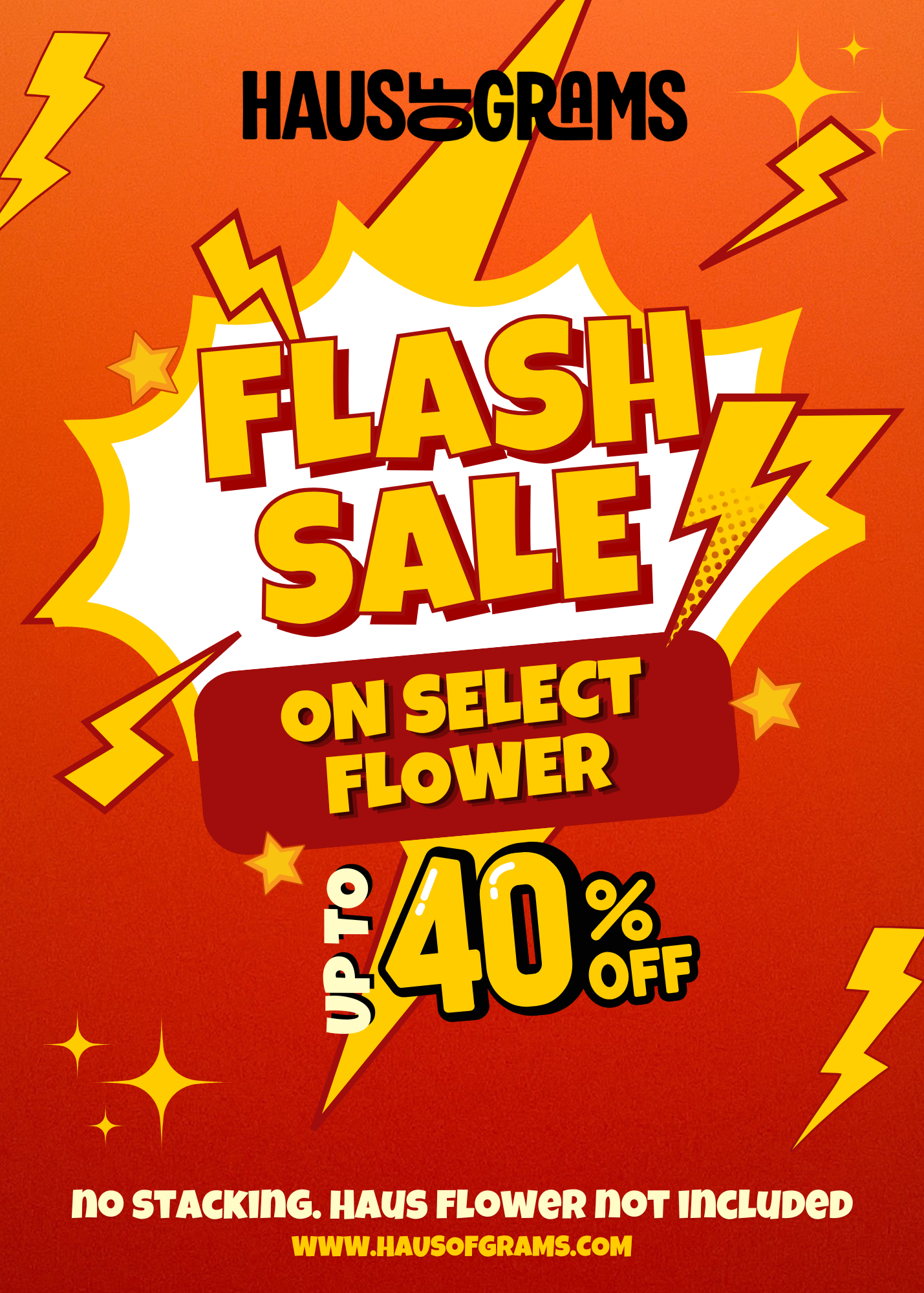Bright orange and yellow promotional poster for a sale, featuring bold text reading "FLASH SALE" with discounts up to 40% off on select flowers, surrounded by lightning bolt graphics and star accents.