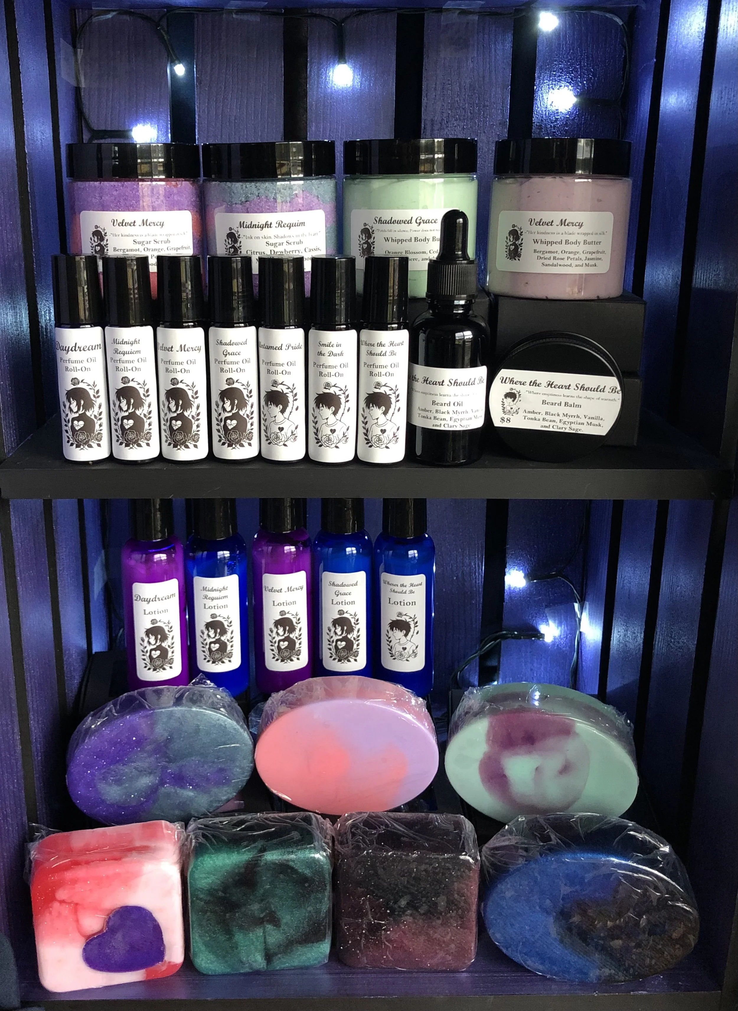 Moonflower Soaps offers handcrafted body care inspired by emotion, season, and story. This curated shelf features sugar scrubs, body butters, perfume roll-ons, beard oils, lotions, and artisan soaps — each a tiny world you can hold in your hands.