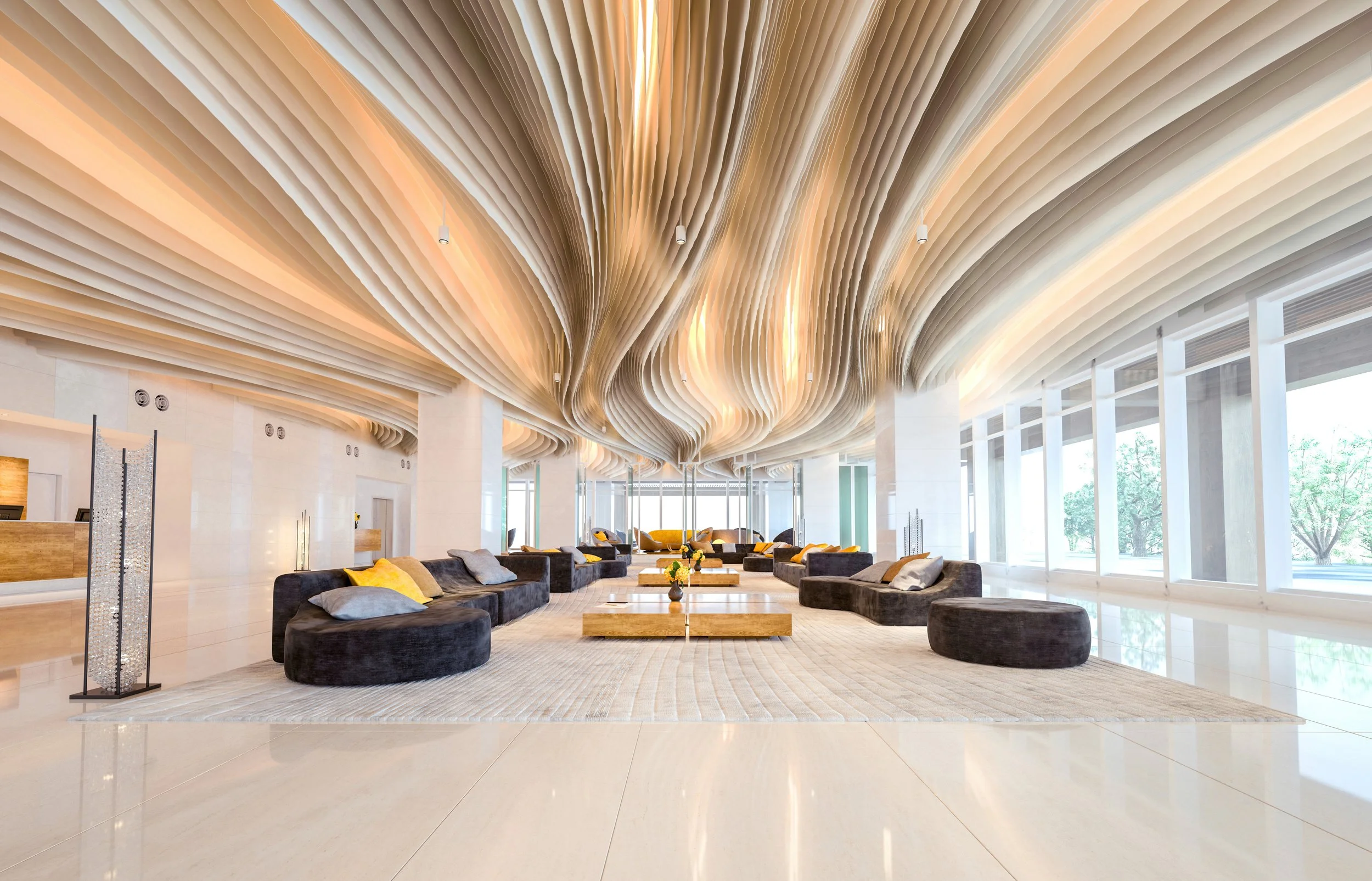 Modern hotel lobby with curved wooden ceiling design, large windows, black lounge chairs with yellow and gray pillows, and wooden coffee tables with flower decorations.