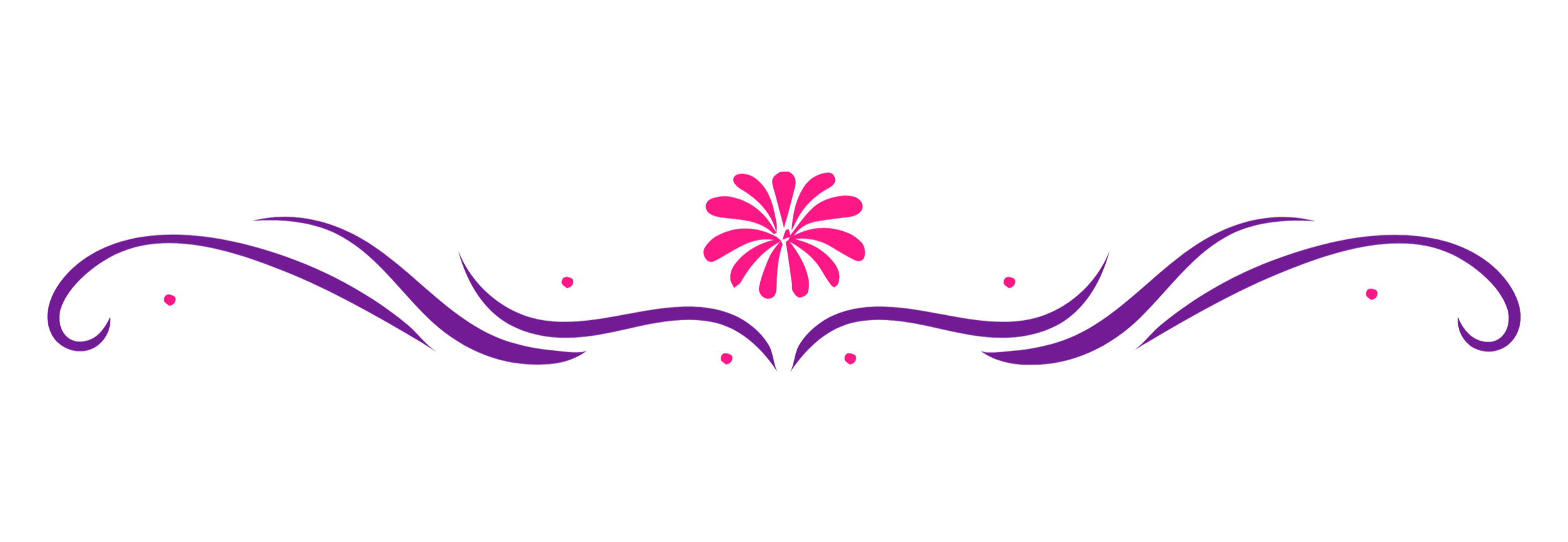 Decorative floral design with pink flower in the center and purple swirling lines on a black background.