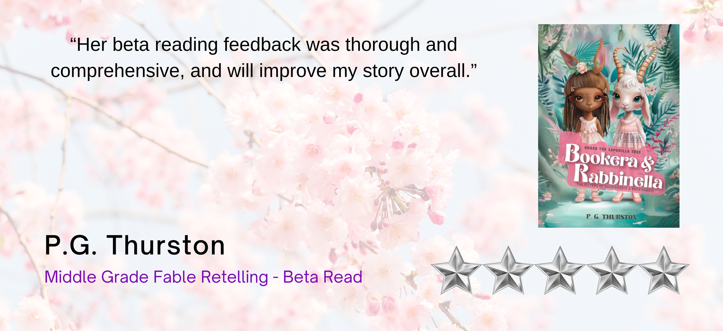 Book review graphic for 'Bookera & Rabinella' by P.G. Thurston, featuring two animated characters, one with brown hair and antlers, the other with white hair and antlers, standing among tropical plants, with a background of pink cherry blossoms, and