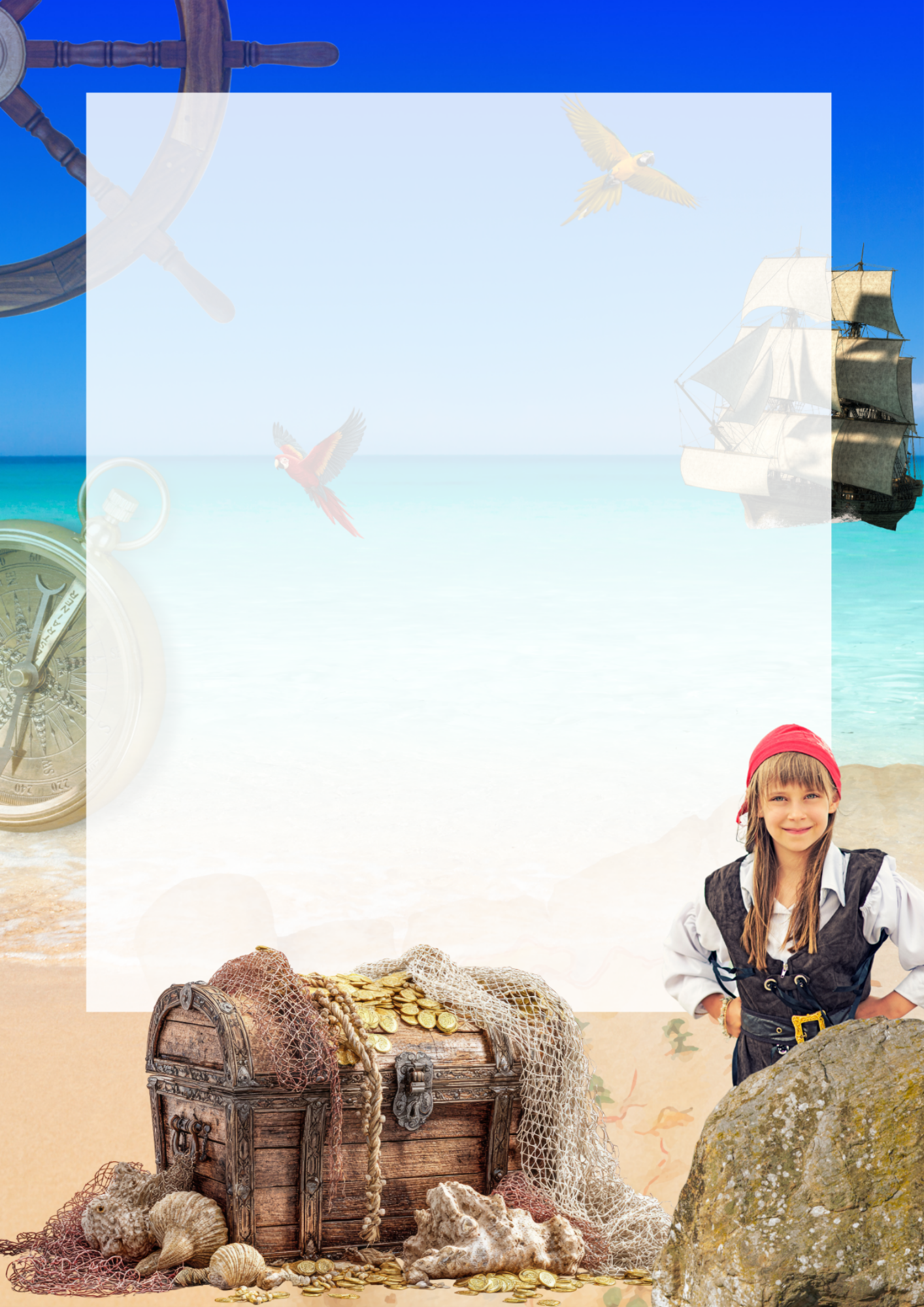 A girl with long hair wearing a red bandana, white shirt, and black vest standing on a beach with seashells, a treasure chest filled with gold coins, and a large rock. In the background, the ocean, a sailing ship, and two parrots flying in the sky are visible.