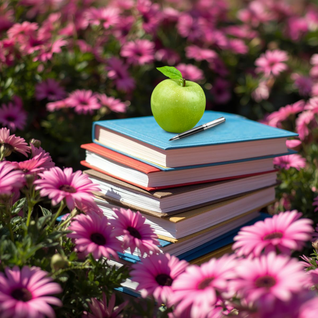 A stack of books with a green apple and pen on top, surrounded by pink flowers in a garden setting.