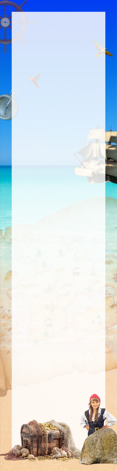 A digitally illustrated scene of a treasure chest filled with gold coins and surrounded by rocks on a sandy beach, with a girl dressed as a pirate standing next to it, and a ship sailing in the distance. The background features a bright blue sky, seagulls flying, and a ship's steering wheel and compass in the top corners.
