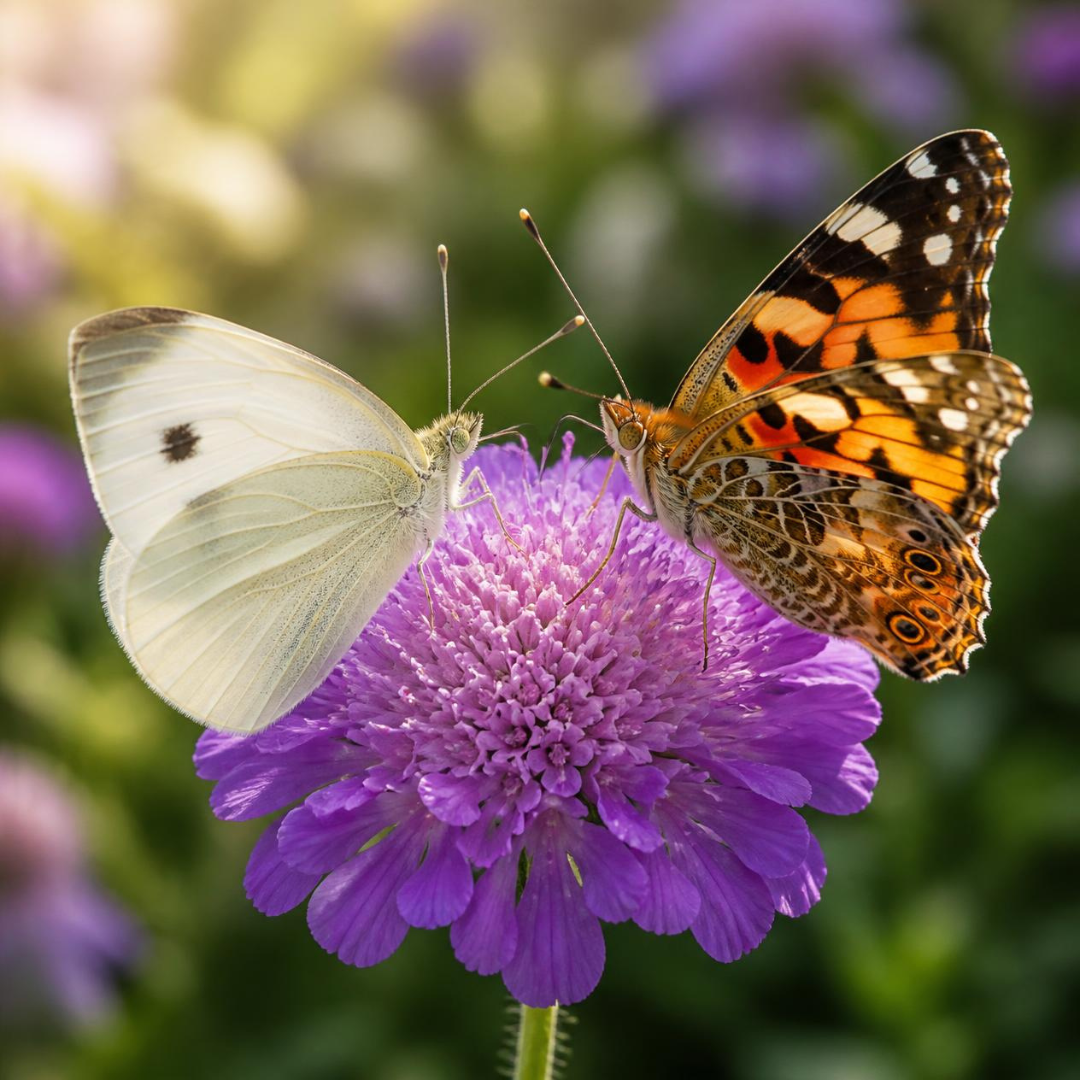 Two butterflies, one white and one orange, on a purple flower in a garden.