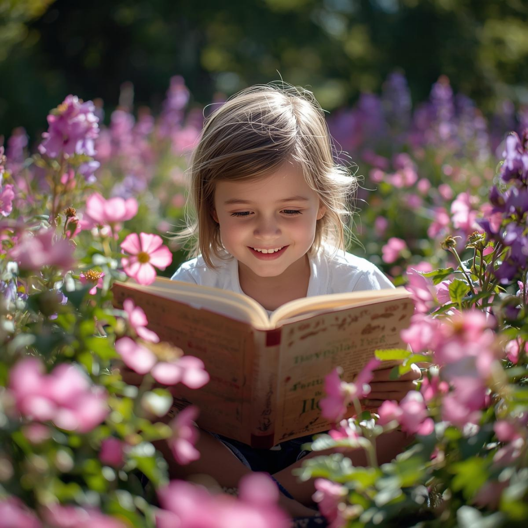 A young girl with blonde hair reading a book outdoors among pink and purple flowers with greenery in the background.