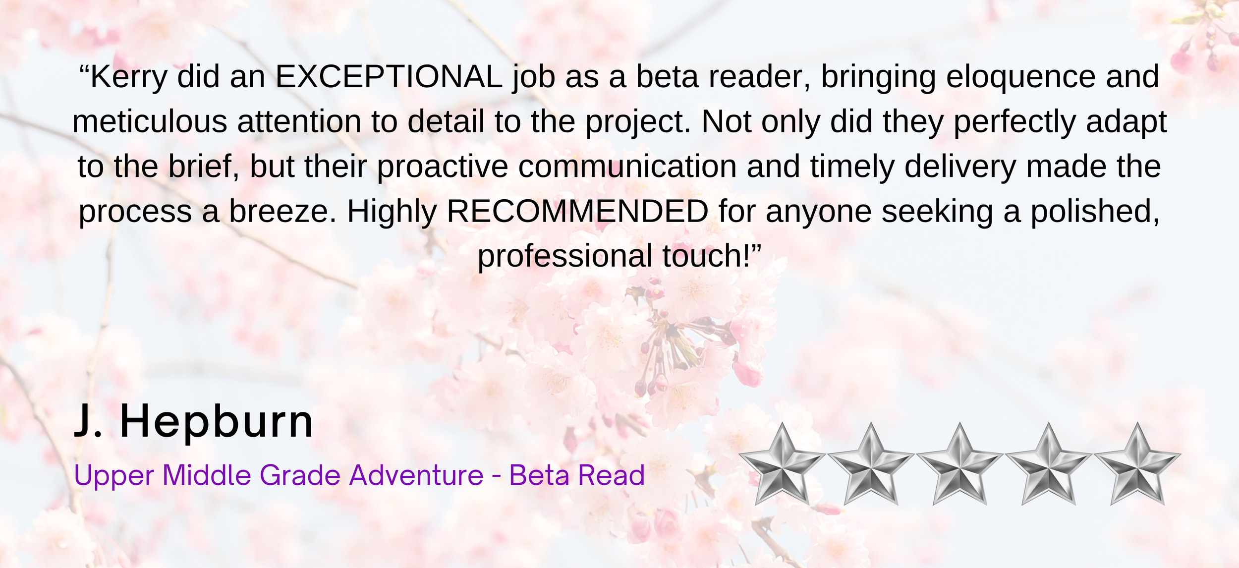 A review or testimonial with the quote: 'Kerry did an EXCEPTIONAL job as a beta reader, bringing eloquence and meticulous attention to detail to the project. Not only did they perfectly adapt to the brief, but their proactive communication and timely