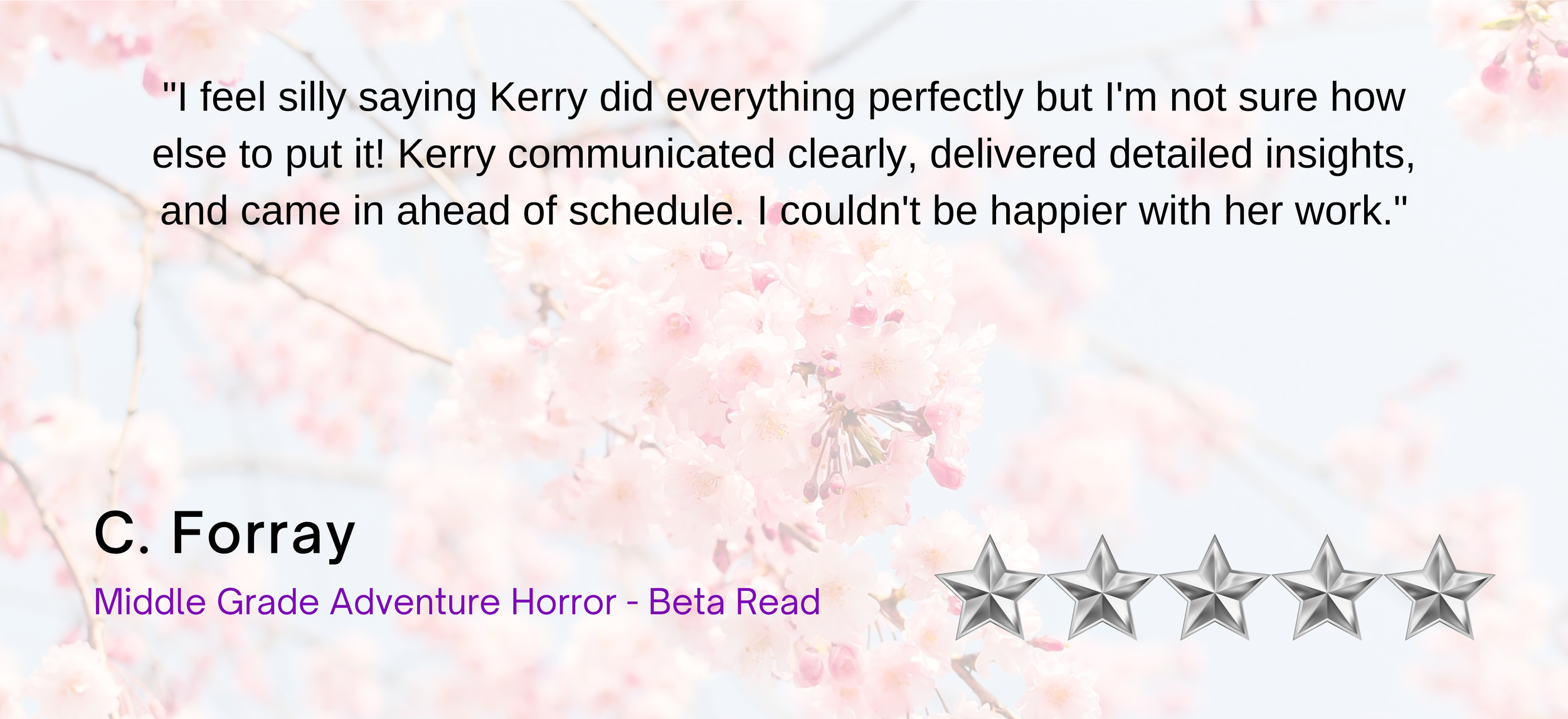 A digital book review graphic with a background of cherry blossom flowers. Includes a quote praising Kerry's communication, the reviewer's name C. Forray, the book title 'Middle Grade Adventure Horror - Beta Read', and a five-star rating.