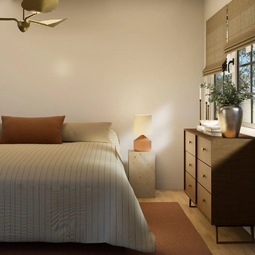 Terracotta Bedroom with warm earthy tones, styled with soft textiles, wooden furniture, and curated décor, showing a cozy, modern, and inviting interior design.
