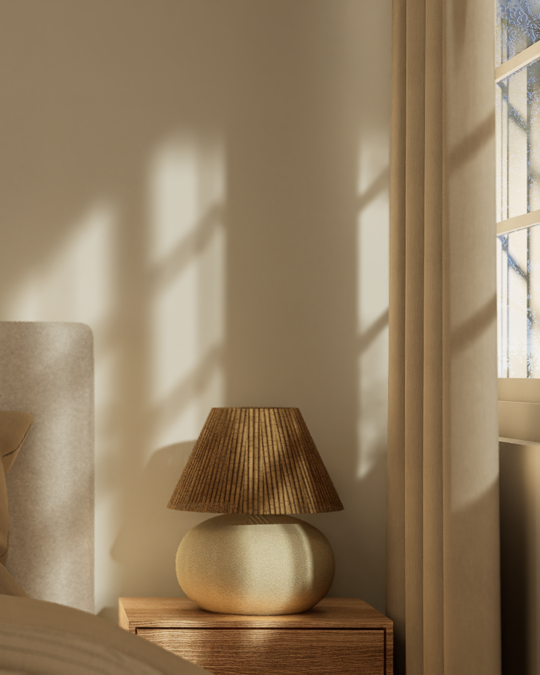 Cozy Scandinavian bedroom corner with a beige headboard, wooden nightstand, and textured brown table lamp with soft sunlight.