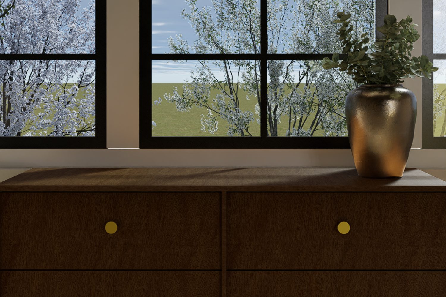 "Decorative vase on a neatly styled bedroom drawer