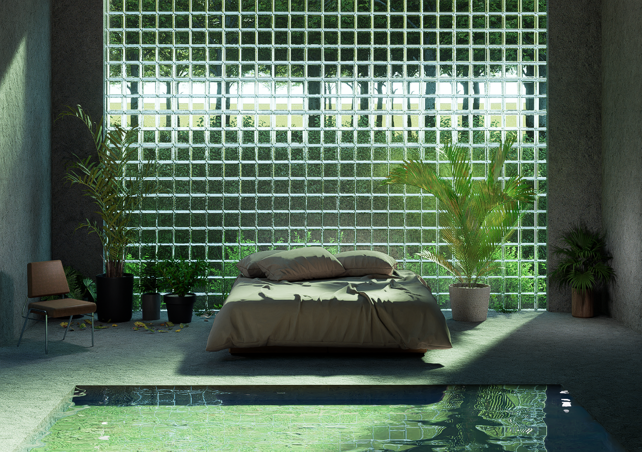 Dreamlike 3D interior of a concrete room with green-tinted glass brick walls, soft natural light, and a small pool, creating a calm and surreal atmosphere.