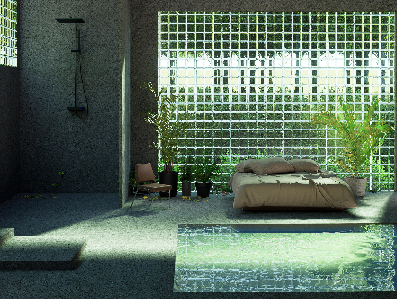 Unreal 3D interior featuring a serene space with glass brick walls, reflective pool, and soft natural lighting, designed to feel like a parallel world.