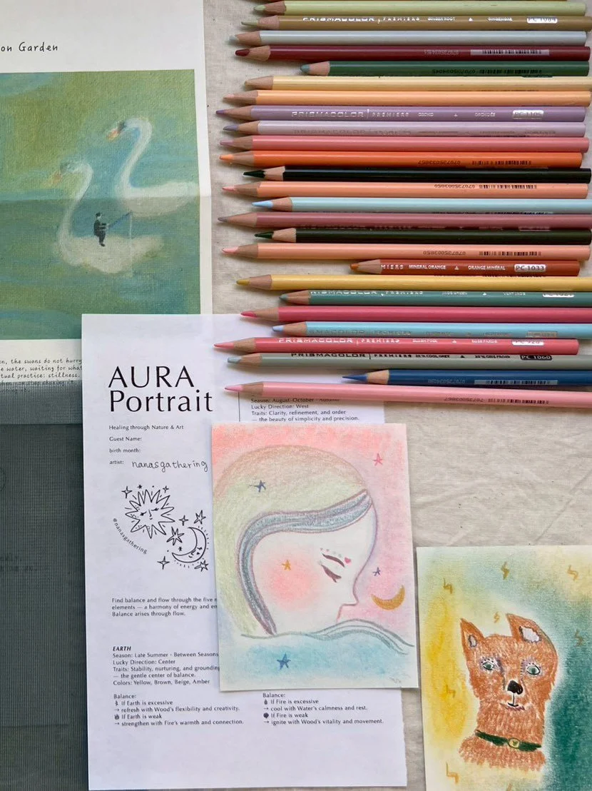 A collection of colored pencils, a healing aura portrait of a girl with stars and a crescent moon, a drawing of a dog with lightning bolt symbols, and a printed sheet titled 'Aura Portrait' with handwritten name 'nana's gathering'.