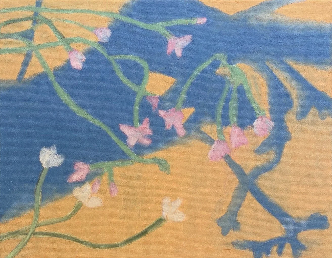 A painting of pink and white flowers with green stems on a yellow background with a blue shadowed area.