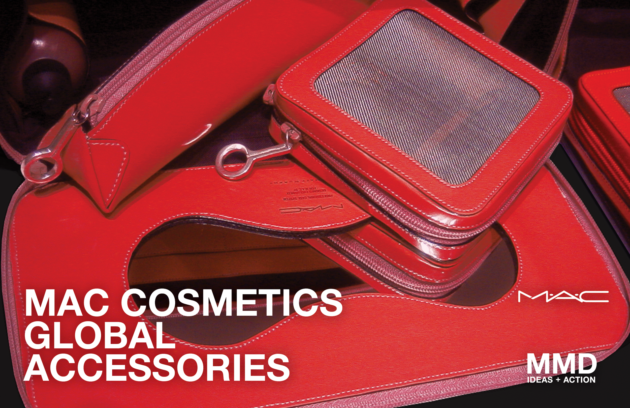 Collection of red MAC Cosmetics global accessories including a clutch, a wallet, and a rectangular case, arranged on a black background.