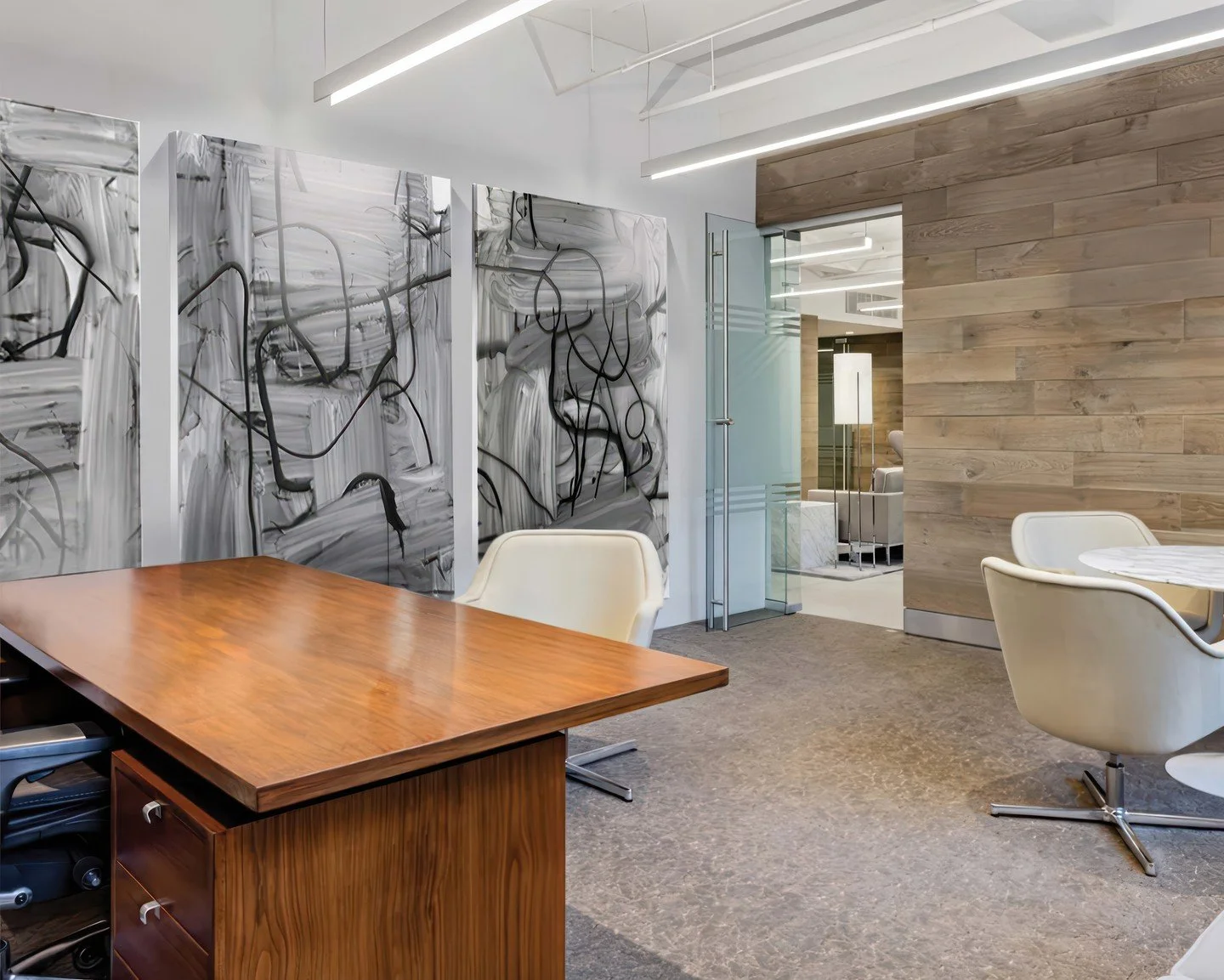 Flashback Friday to our Private Equities office project in midtown NY, a 10k sq foot build-out includes multiple art-filled offices, conference rooms, and lounges. Polished concrete, walnut, and glass define the spaces to create a warm, yet professio