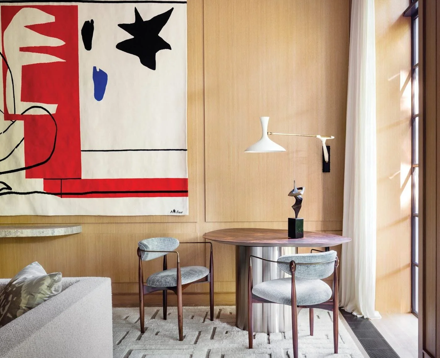 Inspired by &hellip; an intimate dining/work area in a living room designed by @reesrobertspartners. That tapestry! From @1stdibs &lsquo;A 1958 Le Corbusier tapestry, titled Bonjour Calder, adorns the paneled wall next to the living room&rsquo;s inti
