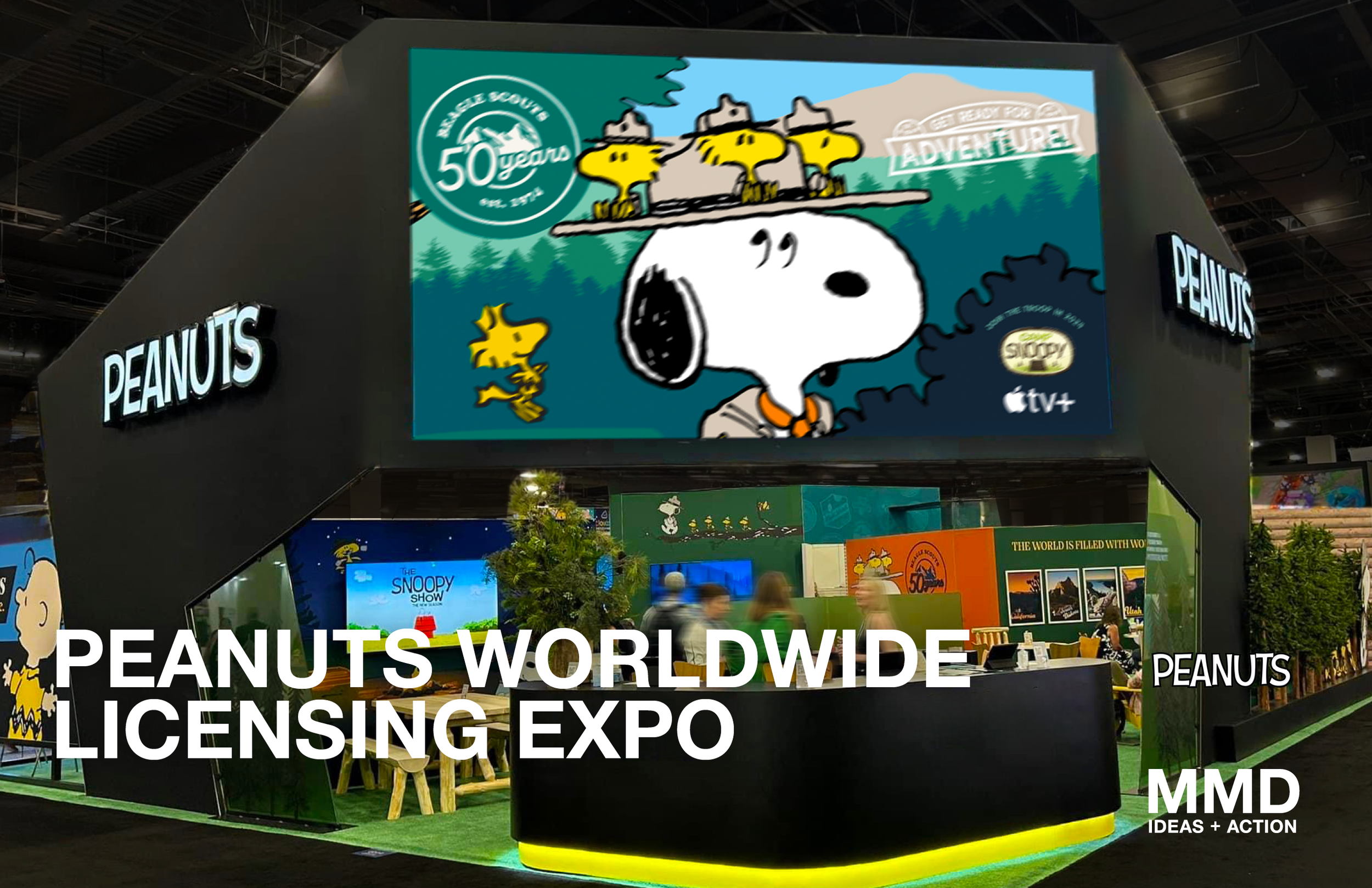 Exhibit booth for Peanuts Worldwide Licensing Expo featuring a large digital display of Snoopy and Woodstock characters, with Peanuts branding and merchandise displays inside.