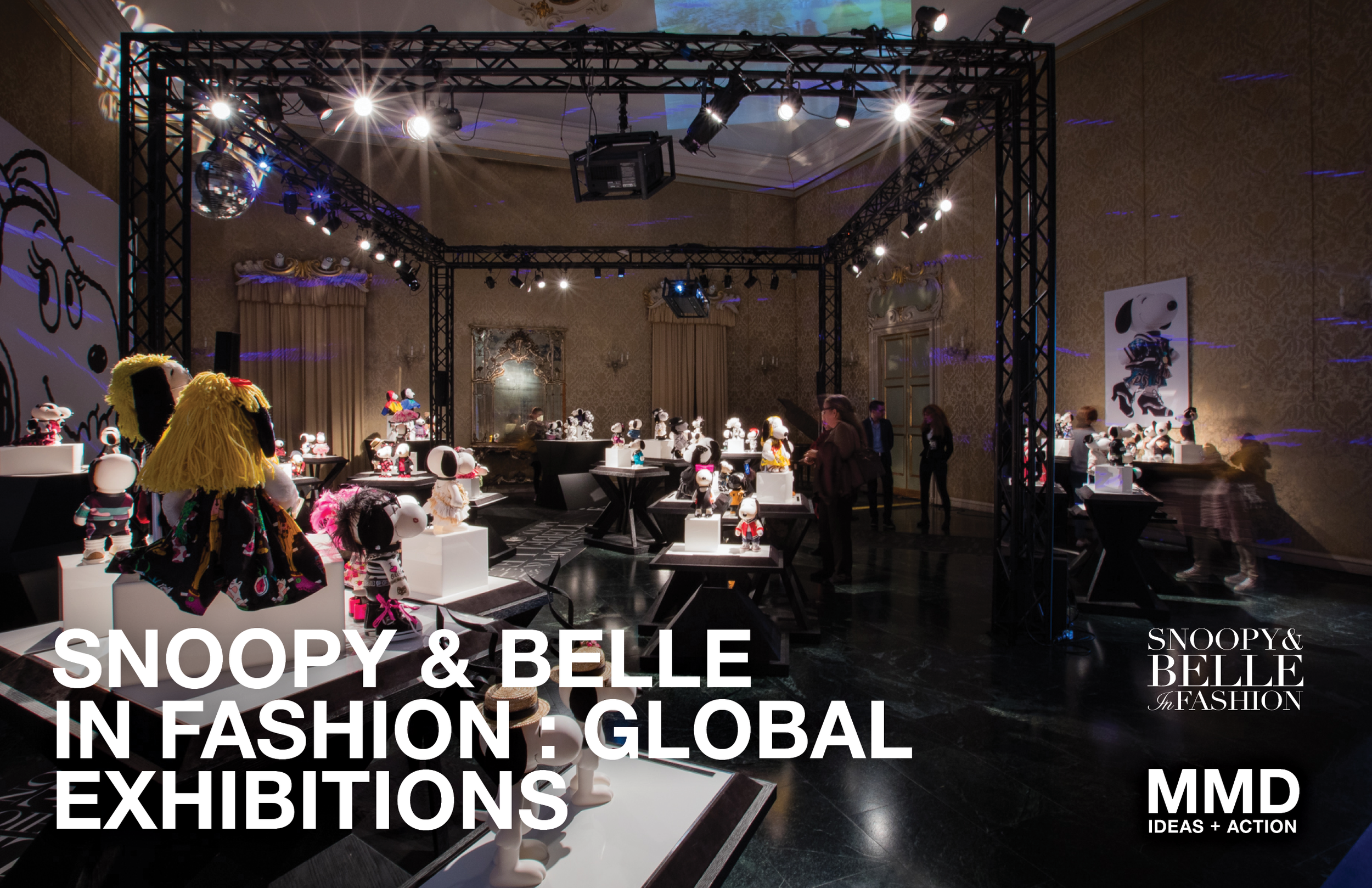 An art exhibition showcases Snoopy and other Peanuts characters in fashion displays. The event takes place in an elegant room with gold-patterned wallpaper and ornate decor. Numerous mannequin displays featuring Snoopy-themed fashion pieces are set o