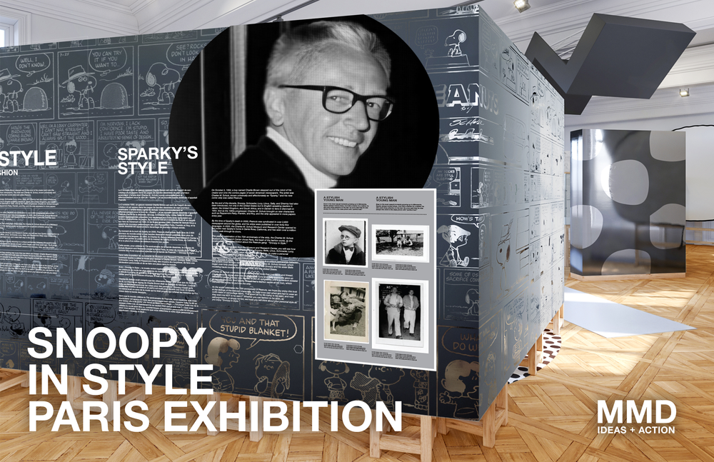 Exhibition featuring Snoopy and Charles Schulz with comic strip displays, photographs, and text panels, titled "Snoopy in Style Paris Exhibition" at MMD Ideas + Action.