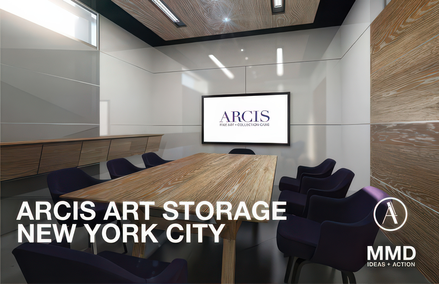 Modern conference room with wooden table, six navy chairs, white walls, large monitor displaying 'ARCIS', and decorative wood paneling on the walls and ceiling.