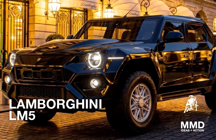 A black Lamborghini LM5 parked on a cobblestone street at night, with illuminated street lamps and a building behind it.