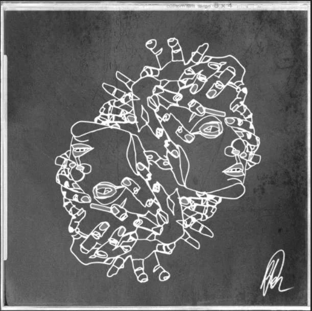 Dessin en ligne blanche représentant deux visages de profil entourés de crayons et d'objets liés au dessin, sur un fond noir.