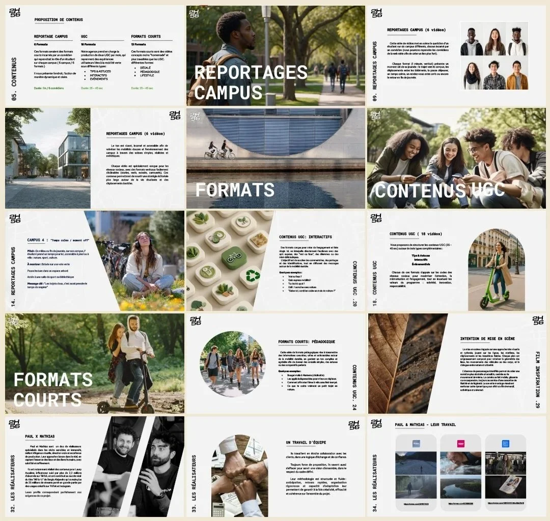 Page de présentation d'un document sur les reportages campus, formats, contenus UGC, formats courts, pédagogiques et autres, avec des images de jeunes étudiants, de lieux urbains, de nature et d'activités en extérieur.