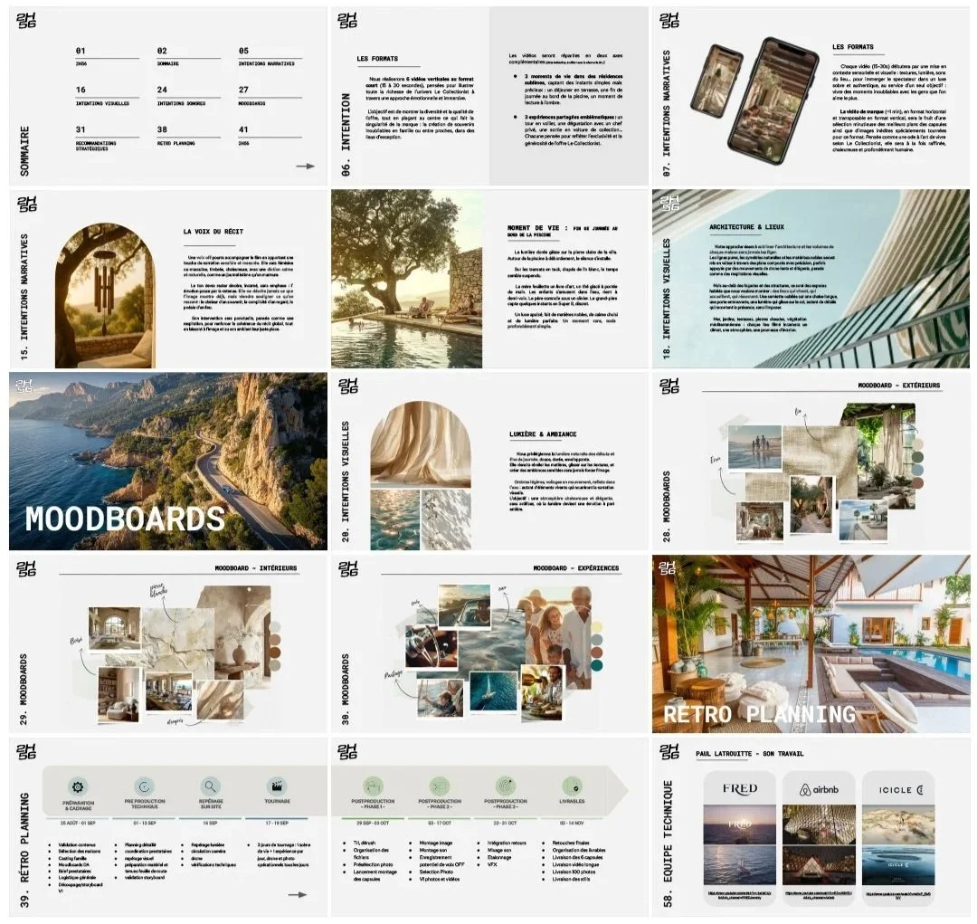 Présentation de moodboards avec images de paysages, d'architecture, de vacances, ainsi que des textes expliquant diverses thématiques de planification et de design d'intérieur et extérieur.