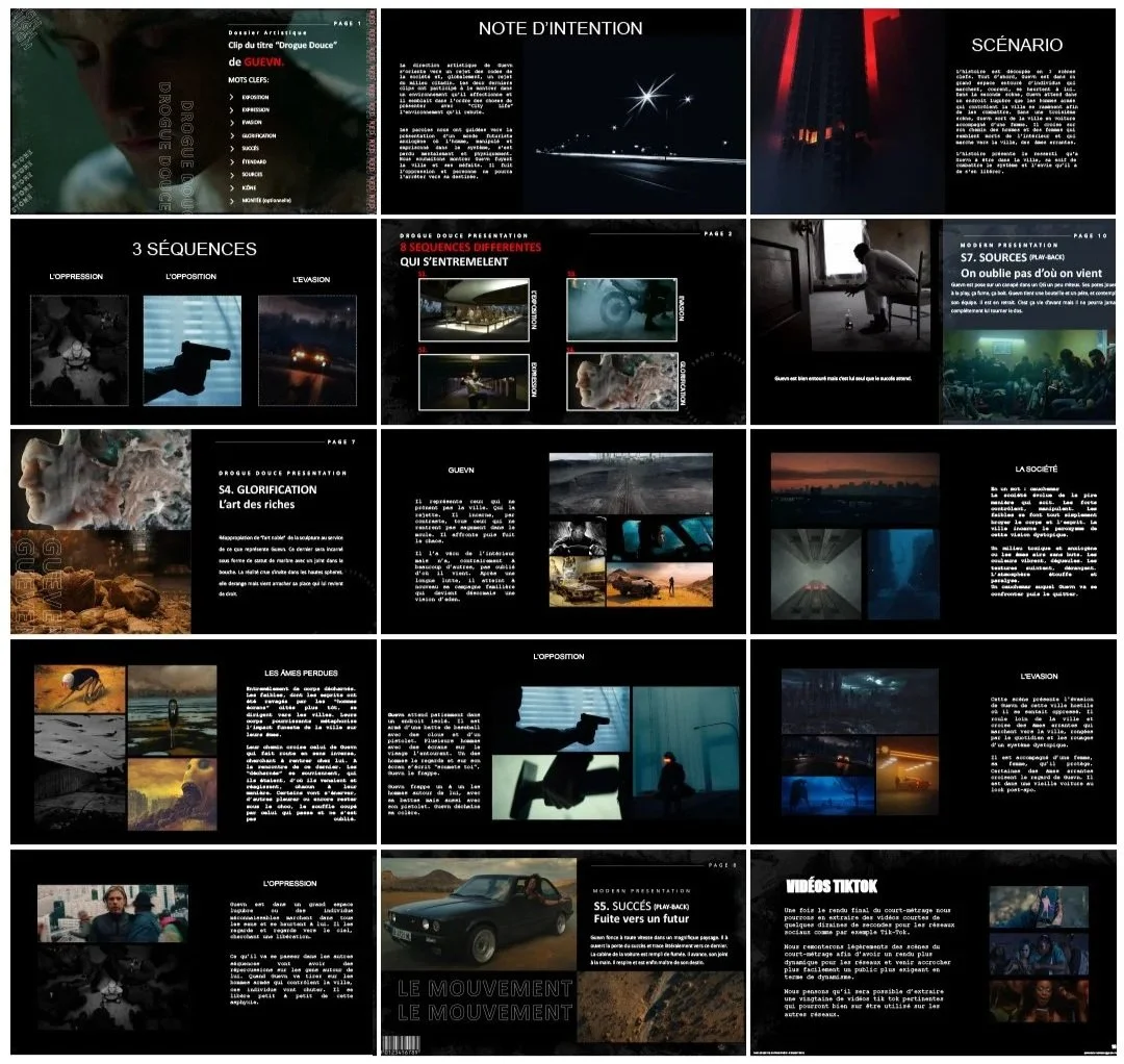Présentation d'un projet audiovisuel avec plusieurs diapositives contenant des textes en français, des images de paysages, de scènes urbaines, de véhicules, de personnes et de plans cinématographiques, incluant des titres comme 'Note d'intention', 'S