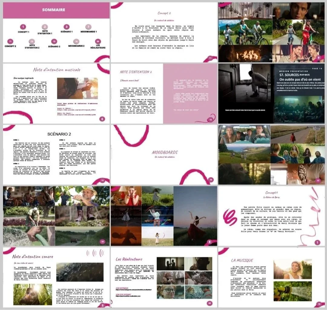Une présentation en format PDF avec plusieurs pages, comprenant des sections comme sommaire, concepts, scénarios, moodboards, et avec de nombreuses images de personnes, de nature, et de moments de vie.