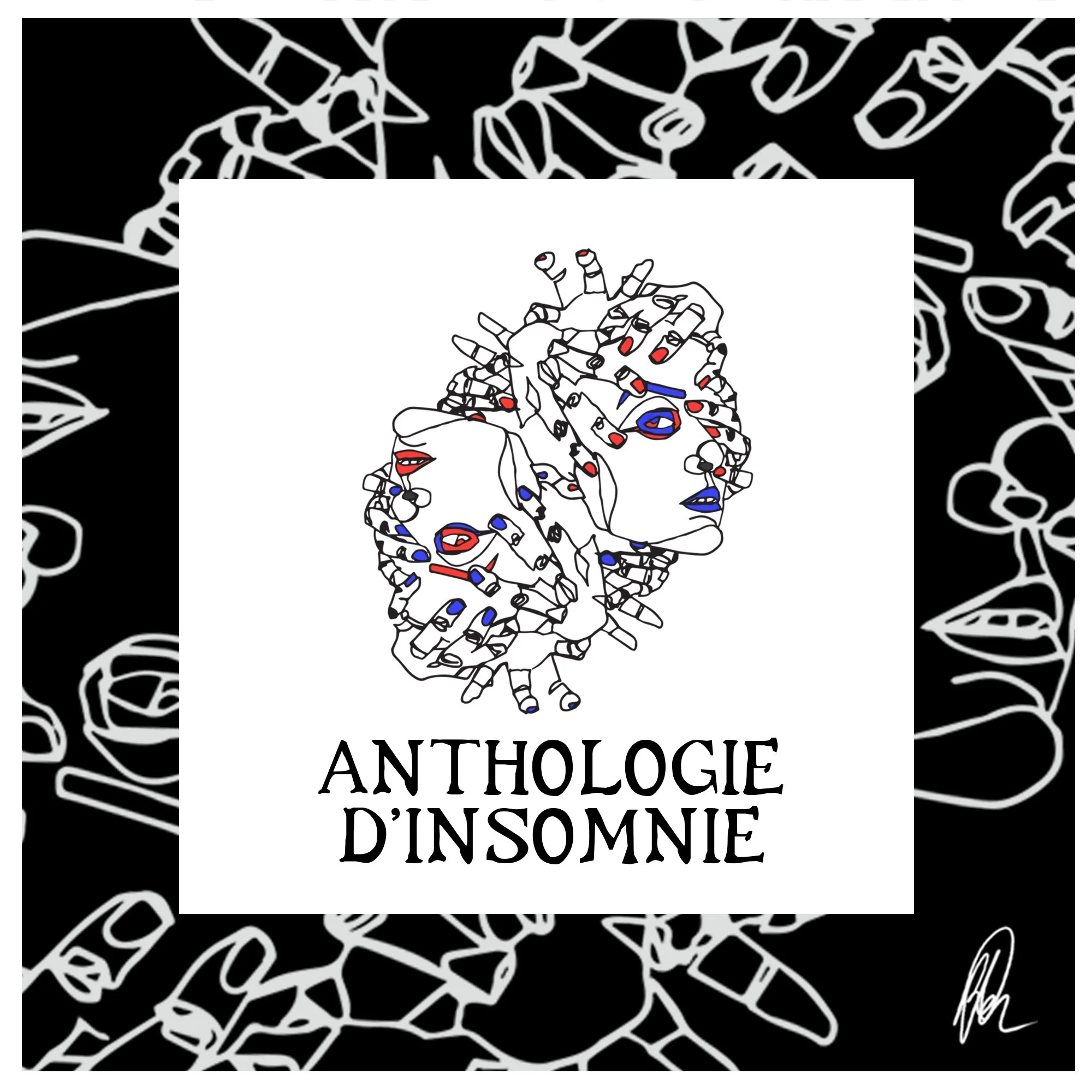 Couverture de livre intitulée 'Anthologie d'Insomnie' avec un dessin abstrait de visages en noir et blanc, entouré d'un cadre noir avec des éléments similaires en fond.