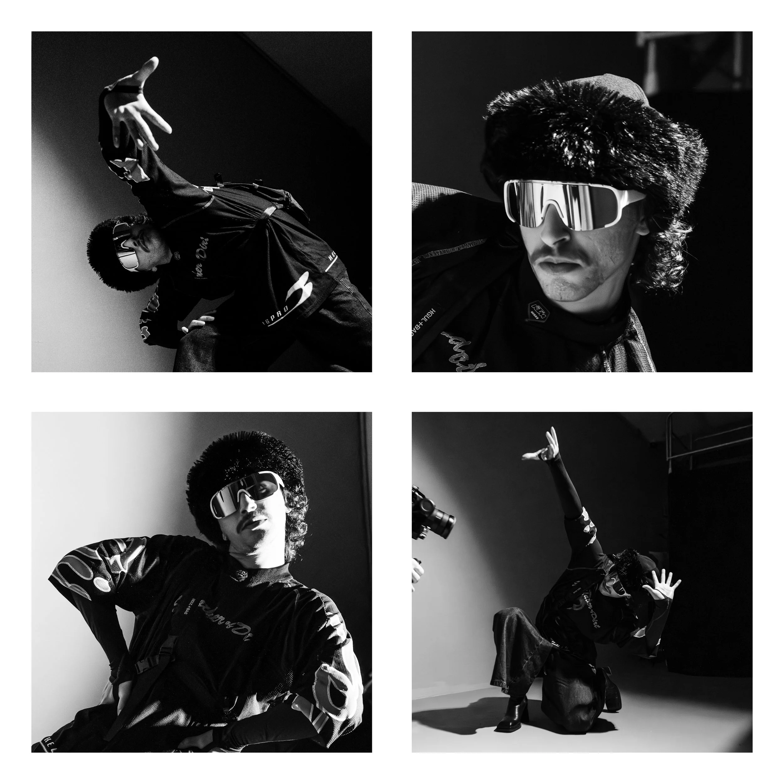 Collage de quatre photos en noir et blanc de personnes portant des vêtements de sport futuristes et des lunettes de soleil, dans des poses dynamiques et artistiques.